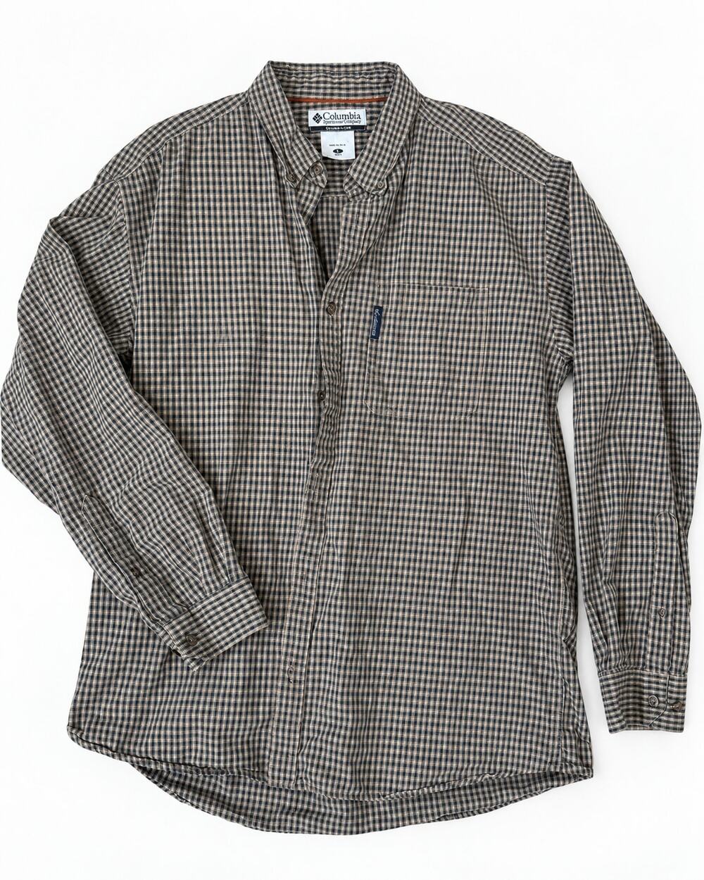 Columbia Men’s L Plaid Button Down Shirt AM7450 Brown Cotton Long Sleeve Fall